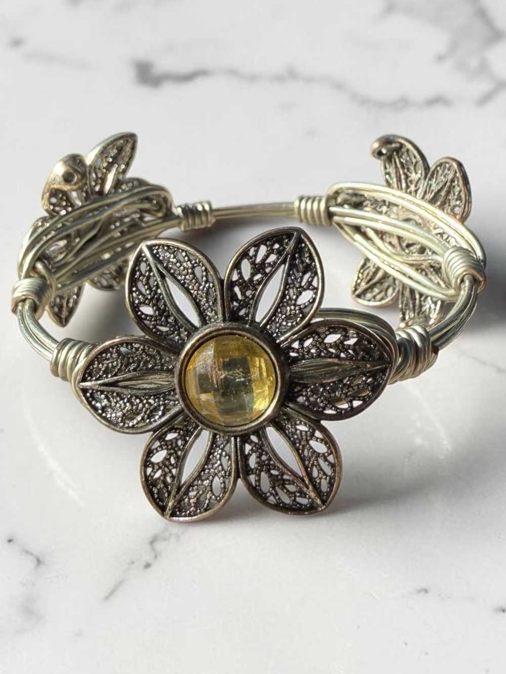 Artisan‎ Wire Wrapped Filigree Flower Bangle Bracelet Cottagecore Crystal Charm⁠